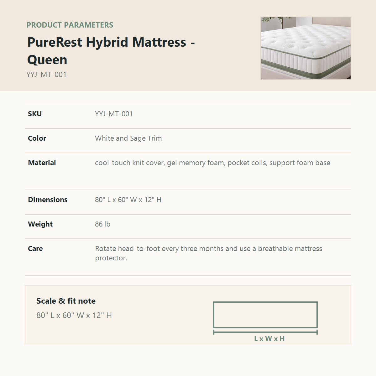 PureRest Hybrid Mattress - Queen product parameter chart