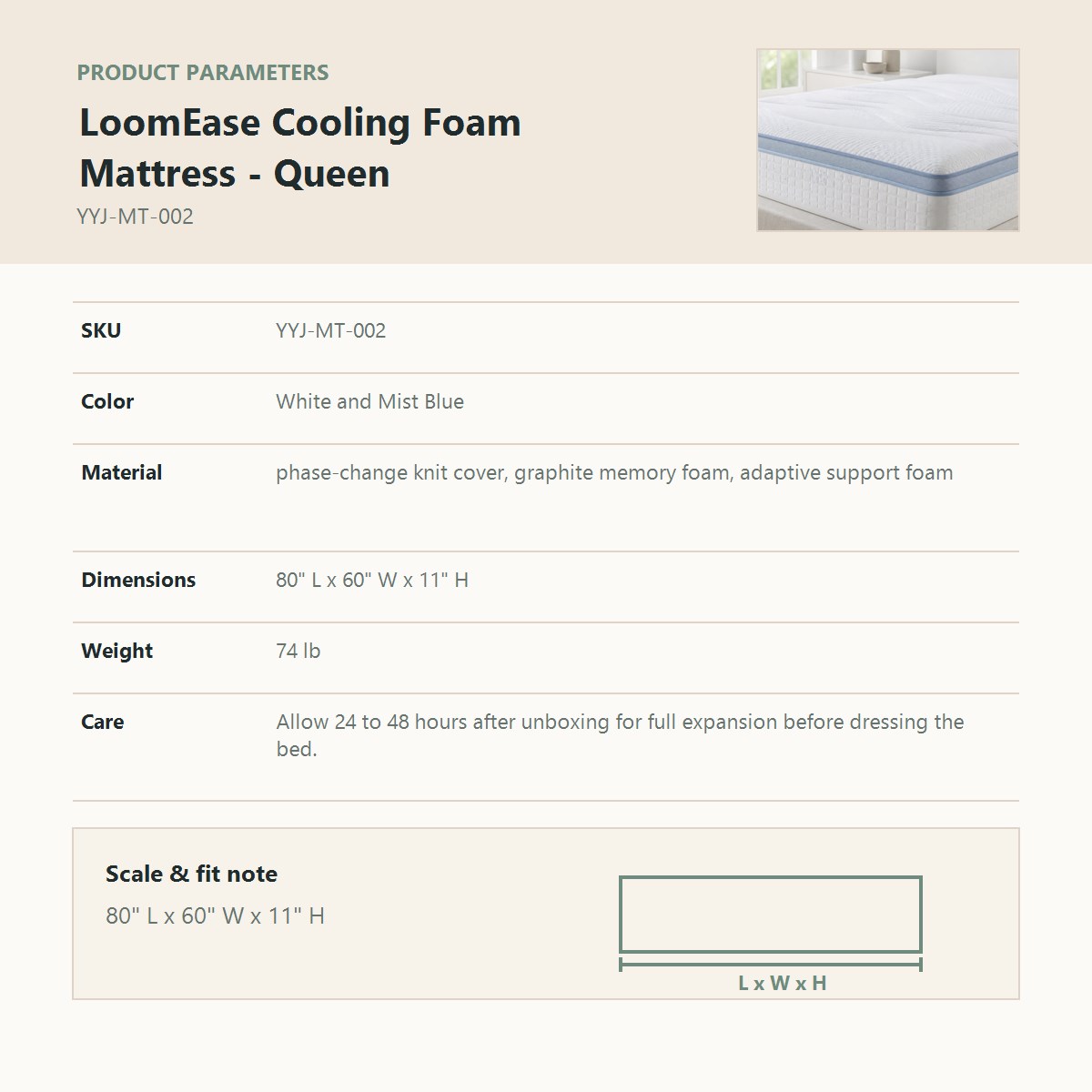 LoomEase Cooling Foam Mattress - Queen product parameter chart