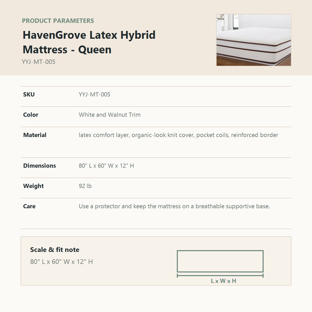 HavenGrove Latex Hybrid Mattress - Queen product parameter chart