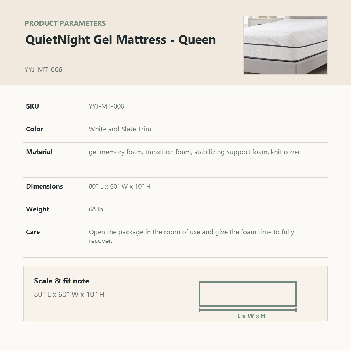 QuietNight Gel Mattress - Queen product parameter chart