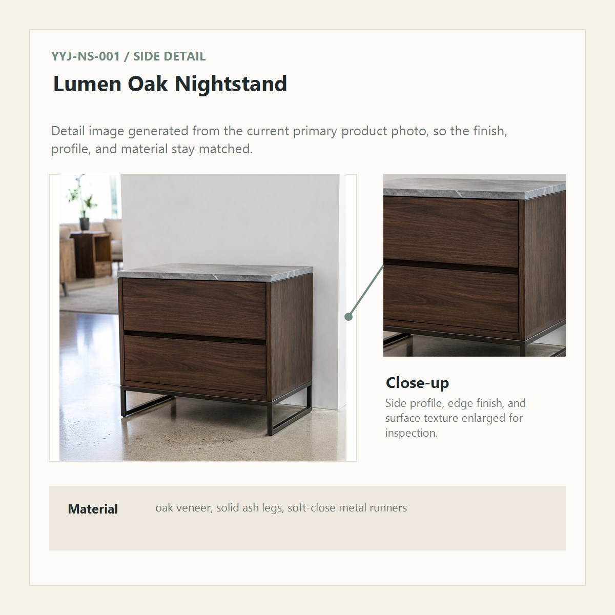 Lumen Oak Nightstand side detail close-up
