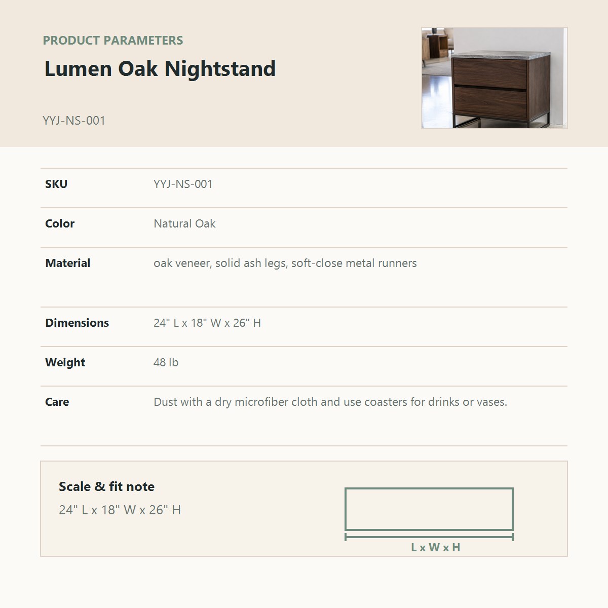 Lumen Oak Nightstand product parameter chart