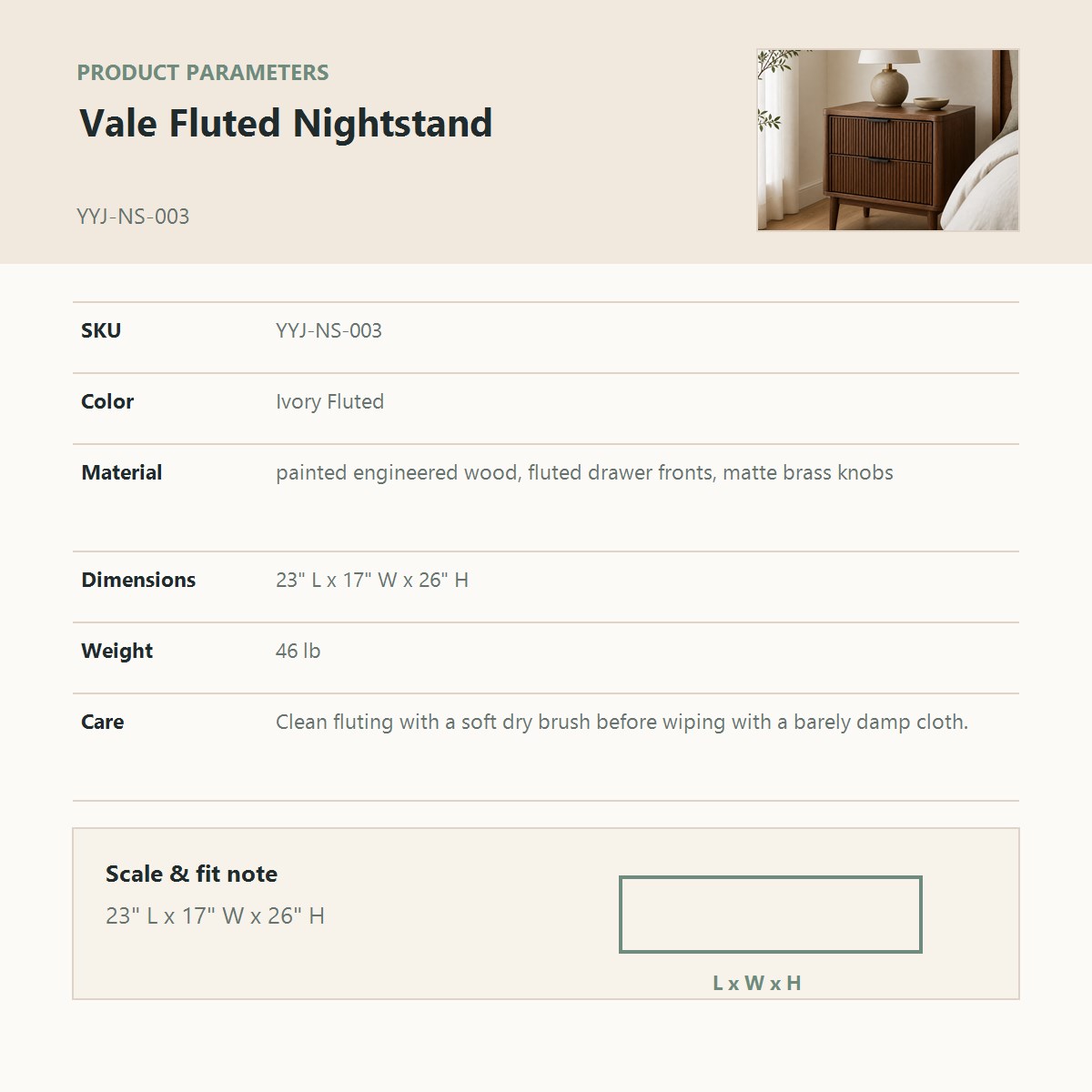 Vale Fluted Nightstand corrected product parameter chart