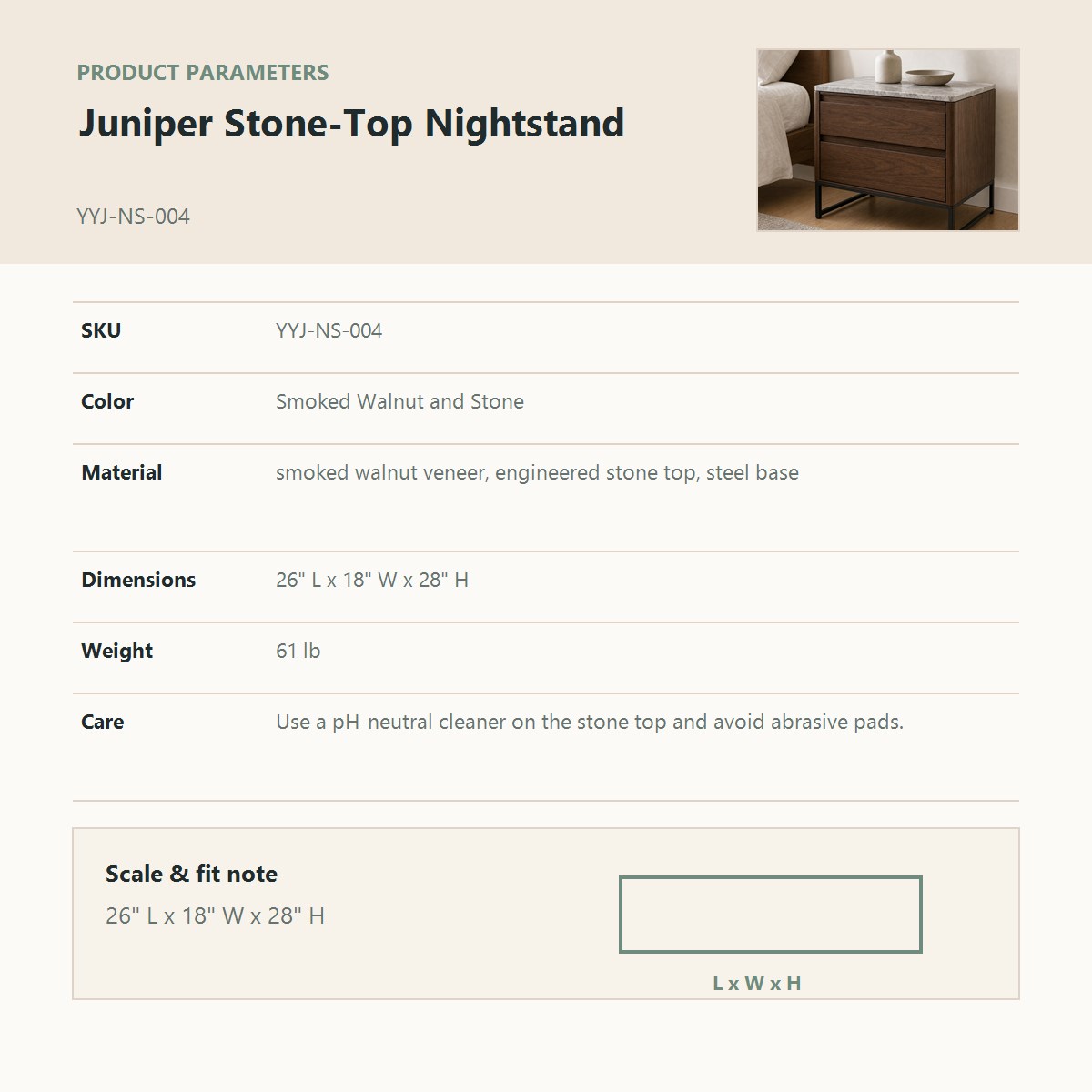 Juniper Stone-Top Nightstand corrected product parameter chart