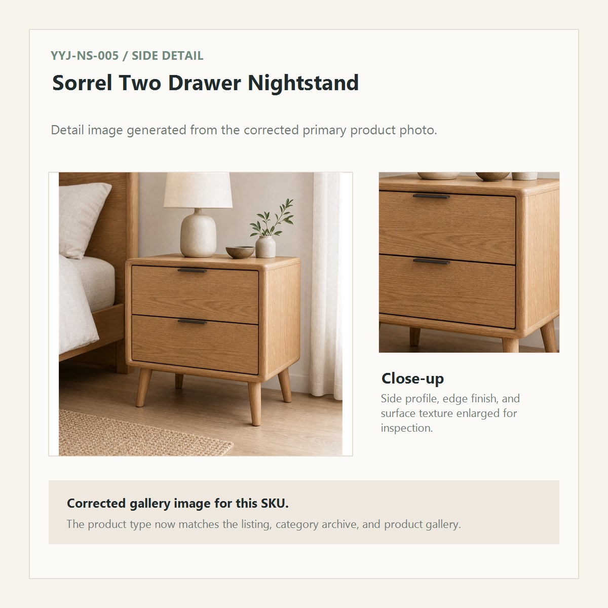 Sorrel Two Drawer Nightstand corrected side detail close-up