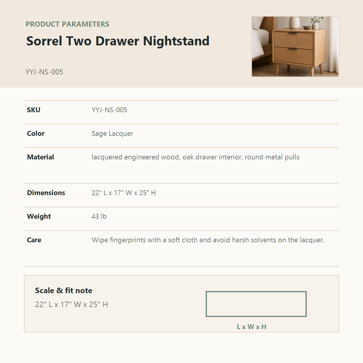 Sorrel Two Drawer Nightstand corrected product parameter chart