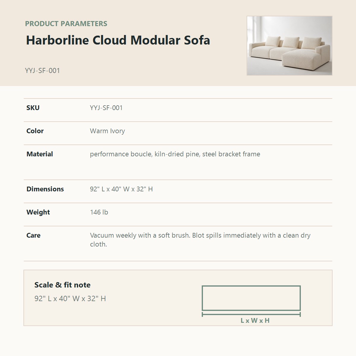 Harborline Cloud Modular Sofa product parameter chart