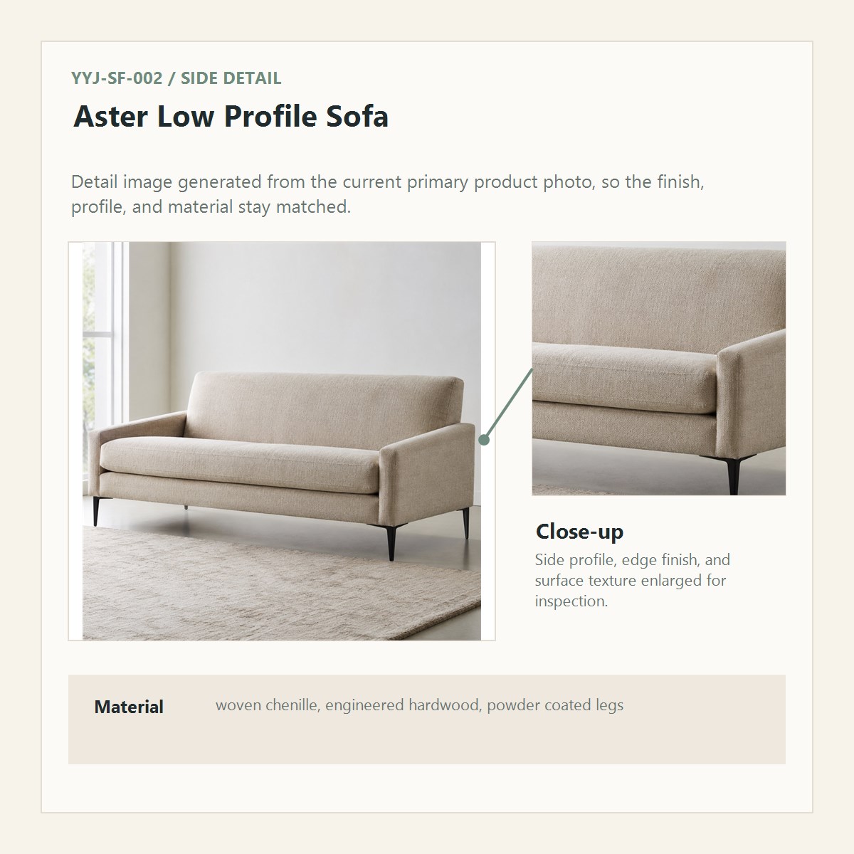 Aster Low Profile Sofa side detail close-up