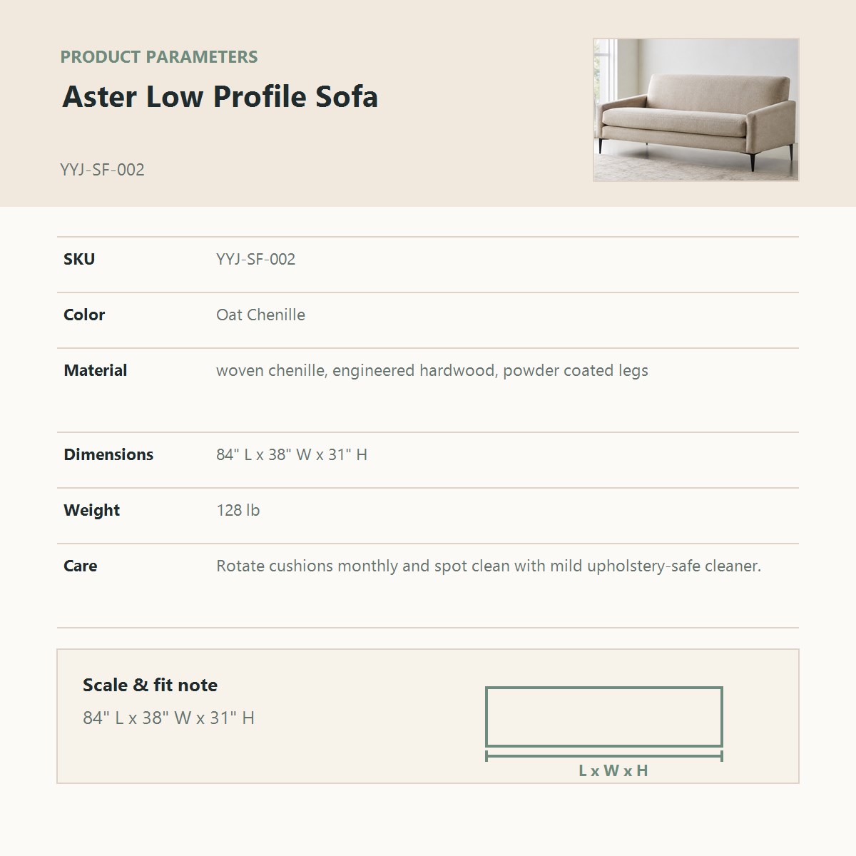 Aster Low Profile Sofa product parameter chart