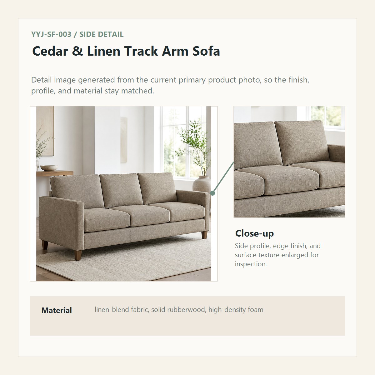 Cedar & Linen Track Arm Sofa side detail close-up