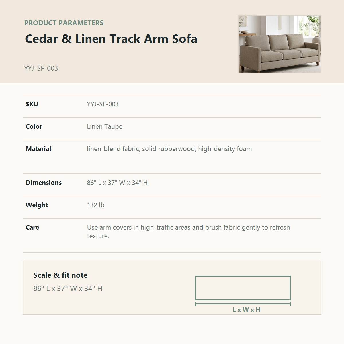 Cedar & Linen Track Arm Sofa product parameter chart