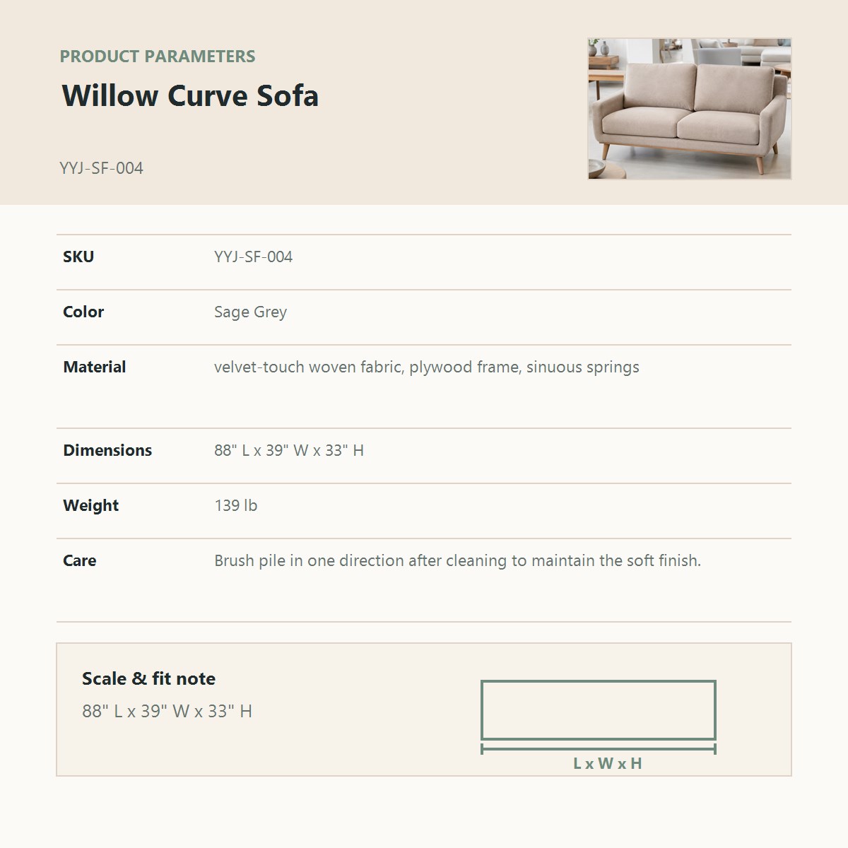 Willow Curve Sofa product parameter chart