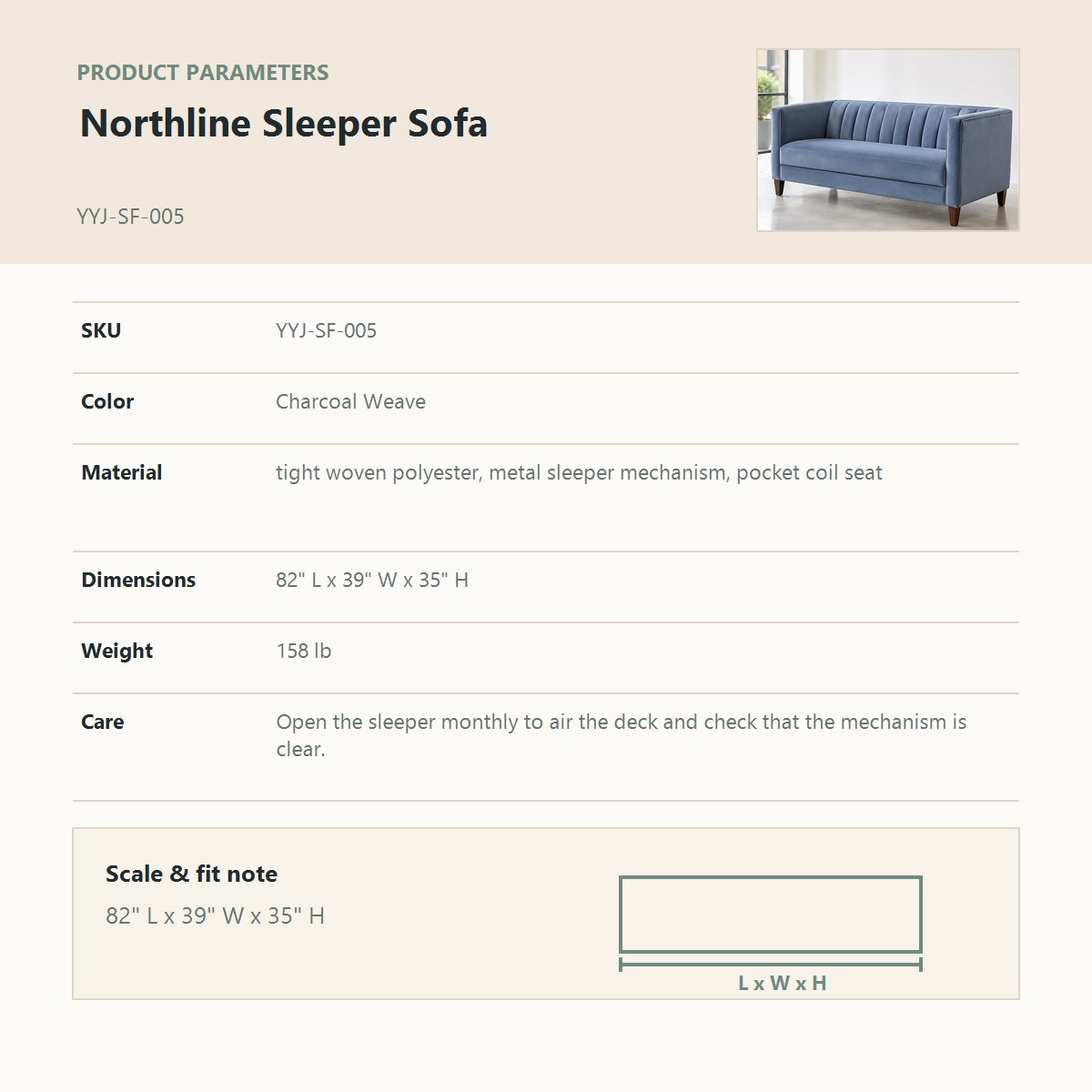 Northline Sleeper Sofa product parameter chart