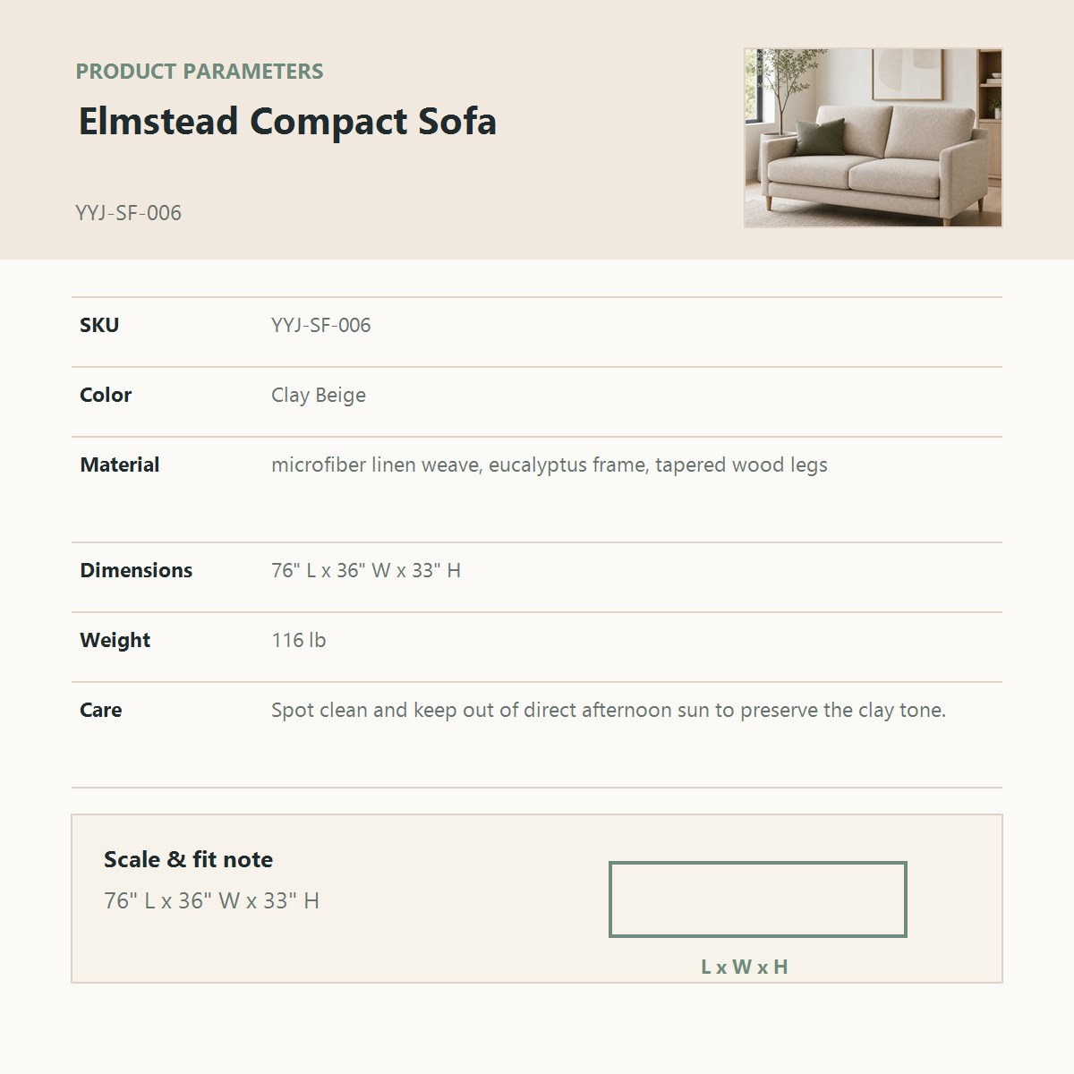 Elmstead Compact Sofa corrected product parameter chart