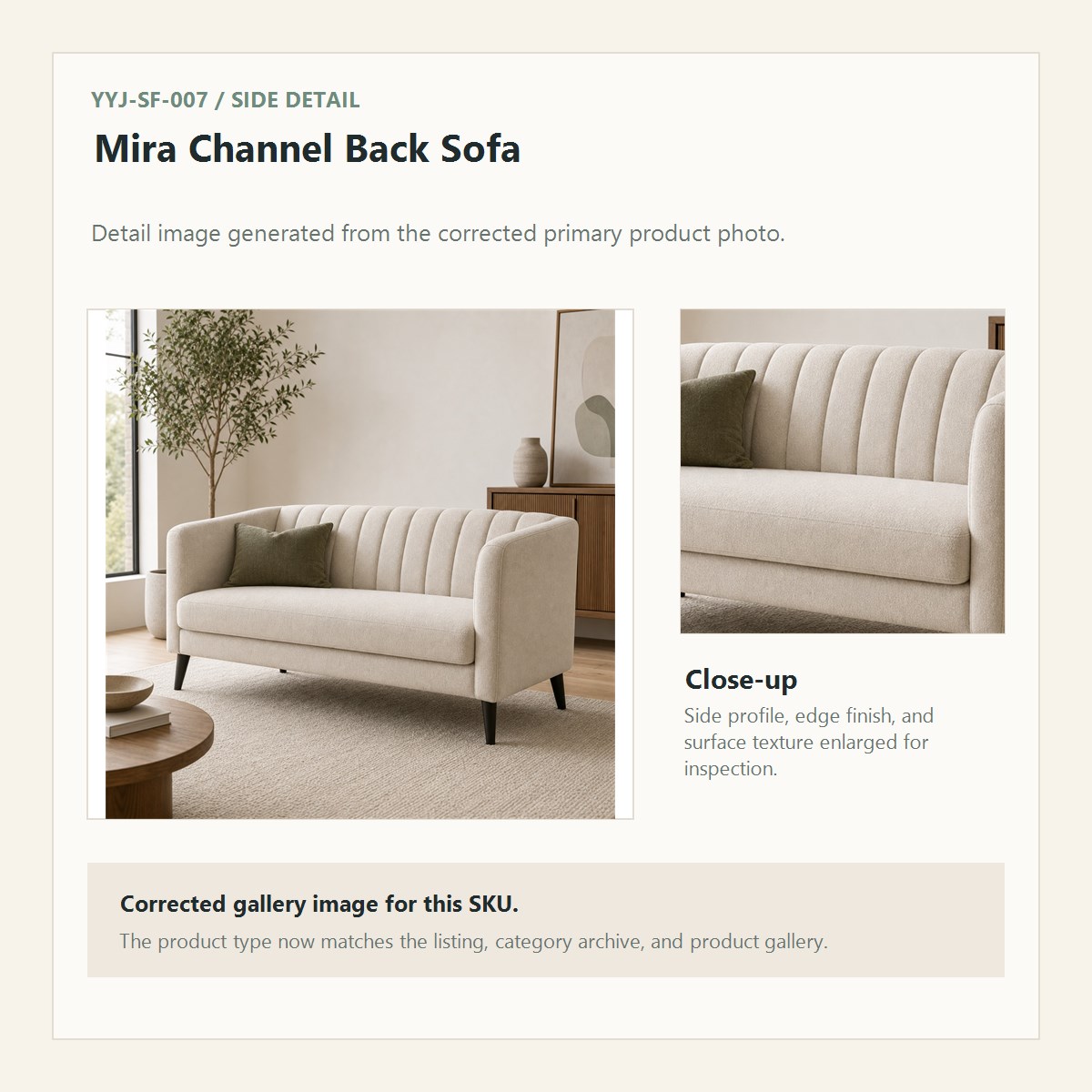 Mira Channel Back Sofa corrected side detail close-up