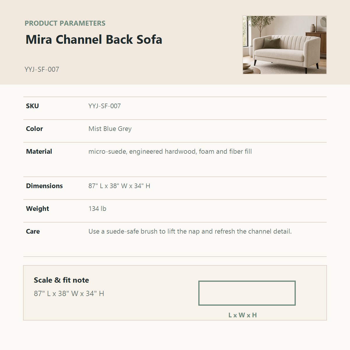Mira Channel Back Sofa corrected product parameter chart